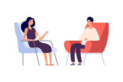 Woman psychologist. Couple talking, flat man woman sitting on chairs.