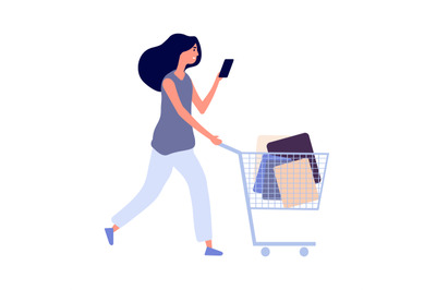 Woman shopping. Sale season, isolated flat style girl with cart. Femal