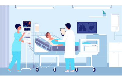 Hospital room. Patient in bed&2C; doctor nurse with dropper giving medica