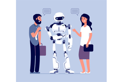 People talk with robot. Technology helping customer, business help sup