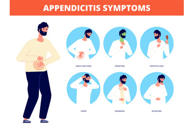 Appendicitis symptoms. Abdominal pain disease, diarrhea nausea vomitin