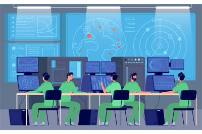 Government control center. Command room, engineers controlling militar