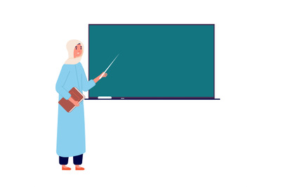 Arab woman teacher. Muslim businesswoman at blackboard&2C; islamic school