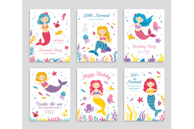 Mermaid invite cards. Birthday poster&2C; kids party invitation. Cute oce