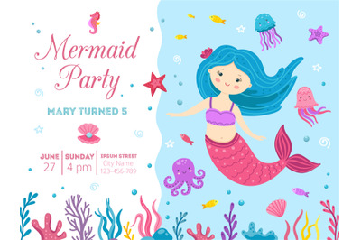 Mermaid party. Cute princess birthday invitation with ocean life. Litt