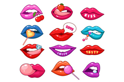 Lips patches. Fashionable cartoon girl lip, blue pink red sexy mouths.