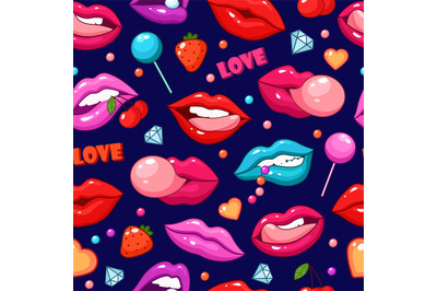 Lips pattern. Fashion pop art style lip, fashionable kiss background.