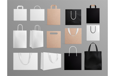 Realistic paper bags. Black white shopping bag mockup&2C; blank fabric an