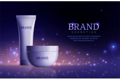 Dark cosmetic banner. Tube cream product for skin on sparkle backgroun