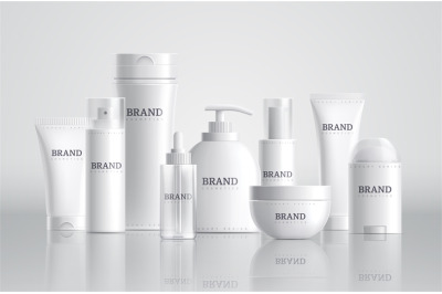 Cosmetic bottles. Beauty product package&2C; spa containers mockup. Shamp