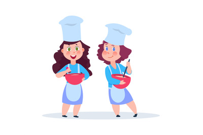 Cartoon chefs. Adorable female characters with plates. Young housewife