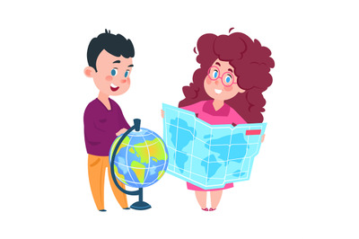 Geography lesson. Cute girl with map and boy with globe. Isolated cart