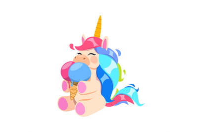 Happy unicorn with ice cream. Little magic horse eating tasty dessert.