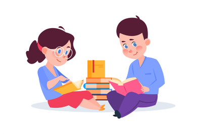 Kids reading books. Cartoon boy girl with book, children in library or