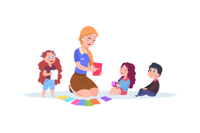 Kindergarten teacher. Preschool kids learn colors. Isolated cartoon gr