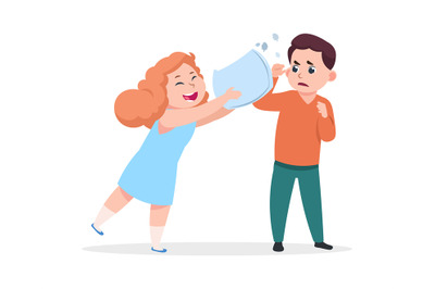 Pillow fight. Cheerful girl beats displeased boy. Aggression, bad mann