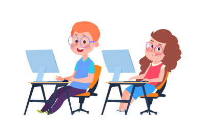 Children and computer science. Informatics lesson, cartoon boy girl at