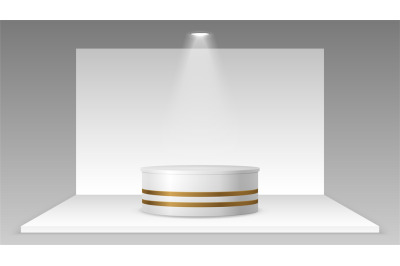 Empty stand with light. Realistic pedestal platform mockup&2C; white show