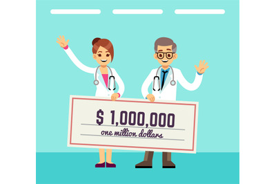 Medical grant. Doctors hold million dollar check. Investment in medici