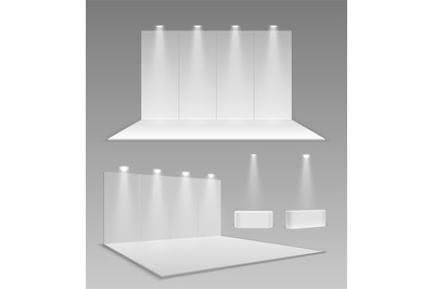 Realistic empty stands. 3d event exhibition panel mockup, modern blank