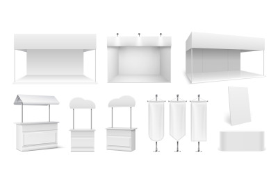 Realistic promo stands. Empty tents&2C; white panels and display. Ads cou