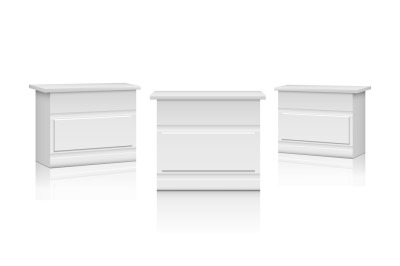 Realistic promo stands. White market counters&2C; 3D interior chest of dr