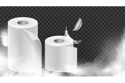 Realistic toilet paper. Soft white papers or cloth rolls with feathers