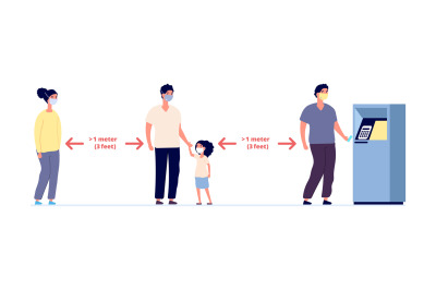 Social distance. Safe self precautions infographic, people wearing pro