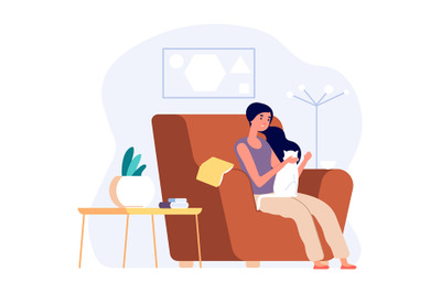 Woman with cat. Girl relaxed in cozy living room and stroking kitten.