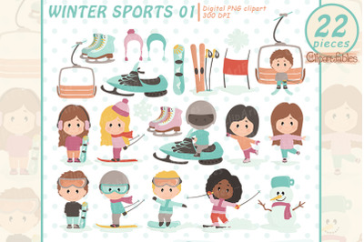 Cute WINTER SPORT clip art set, Snowboard, Ski, Skate clipart