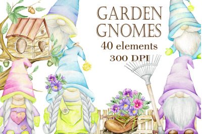 Garden gnomes clipart, watercolor  spring clip art. Summer digital png