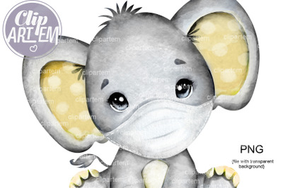 Neutral Yellow Elephant in Mask, PNG clip art,  pandemic sublimation