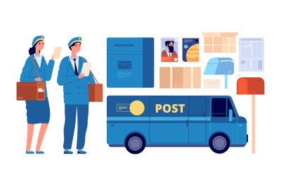 Postman characters. Postal mailman, woman man in uniform send envelope