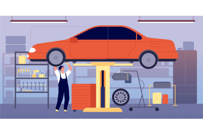 Car garage. Auto repair service, workshop station with tool equipment.