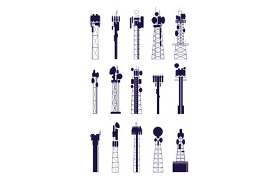 Antenna tower silhouettes. Isolated communications equipment, media ra