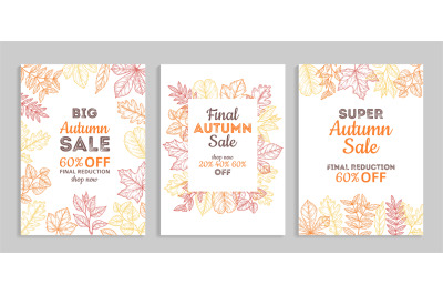 Autumn sale banners. Fall advertising vouchers, colorful discount post