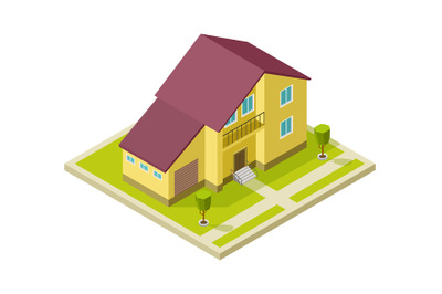 Family house. Rural home exterior with garage. Isolated isometric 3d c