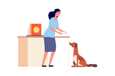Girl feed dog. Isolated happy pet owner character. Woman and dog, adop