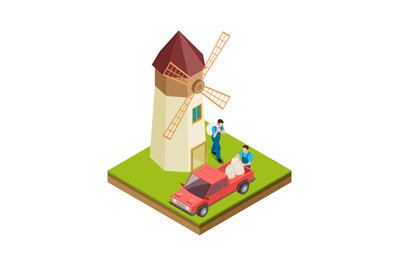 Isometric mill. Farmers, workers with bags of flour. Men in agricultur