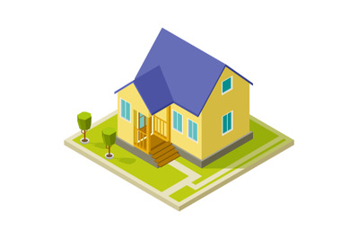 Urban cottage exterior. Simple isometric house building. Isolated 3d h