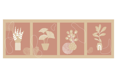 Contemporary floral cards. Modern fashion banners with plants in pots.