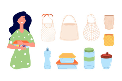 Eco bags. Woman with reusable lunch box. Zero waste elements, isolated
