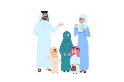 Happy arab family. Muslim young people, islamic man woman and kids. Is