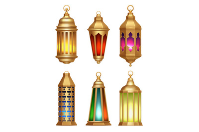 Islamic lamps. Ramadan lanterns arabic vintage golden lighting lamps v