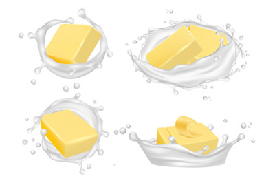 Realistic butter and milk splashes. Vector creamy butter isolated on w