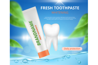 Toothpaste advertizing. Healthy tooth protection toothbrush with tube