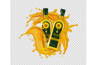 Sunflower oil. Vector realistic oil bottles gold drops and splashes