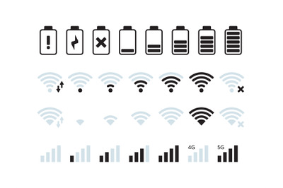 Phone interface bar. Mobile network wifi 5g signal battery status symb