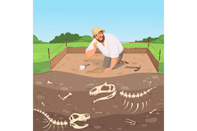 Archaeology character. Man discovery underground geology digging dinos