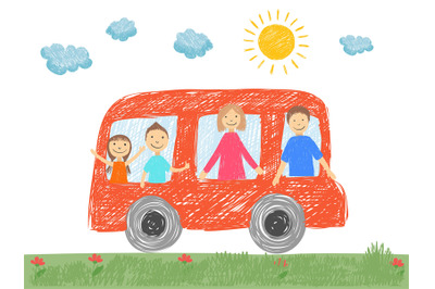 Family in car. Father mother parents kids going to vacation in car on